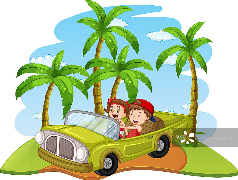 孩子们驾驶老爷车的公路旅行概念图片素材