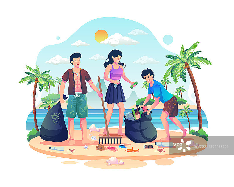 人们在海滩上清理垃圾图片素材