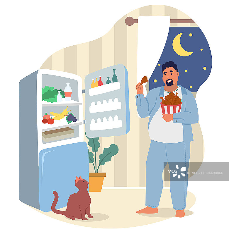 晚上，胖男人在打开的冰箱旁吃东西图片素材