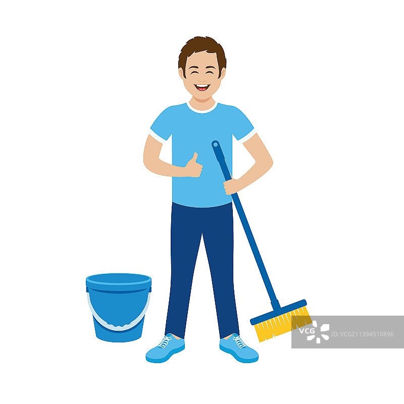 拿着扫帚和水桶图标的快乐年轻人图片素材