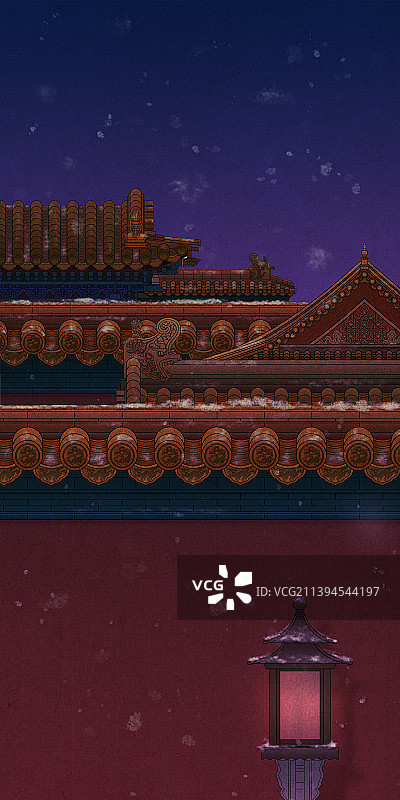 手绘国画工笔画，故宫插画，夜晚雪景图片素材