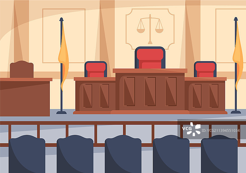 带法官、陪审团桌和旗帜的法庭内景图片素材