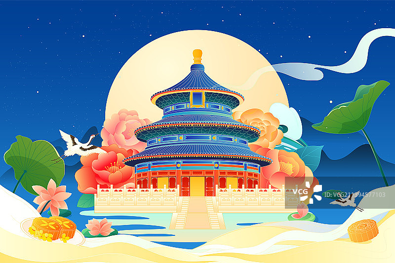 中秋节月亮天坛牡丹星空中国风矢量插画背景横图图片素材