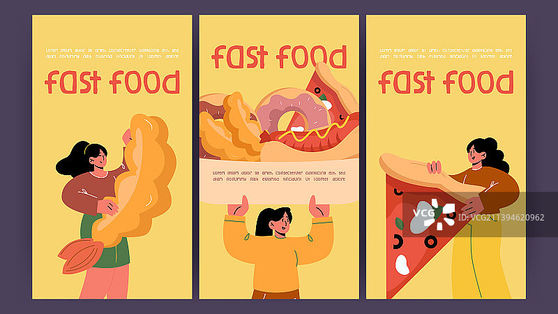 包含女孩、热狗、披萨和甜甜圈的快餐海报图片素材