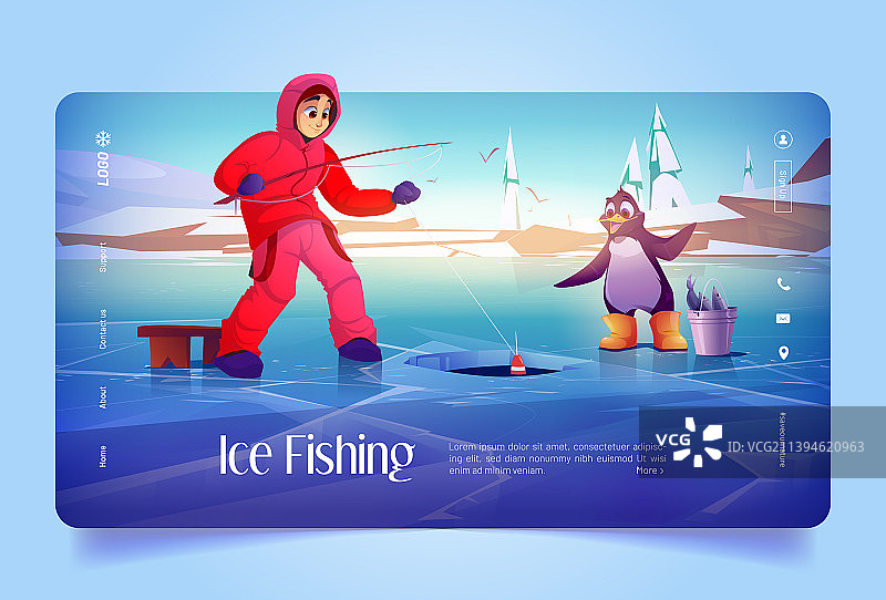 男子与企鹅冰钓banner图片素材