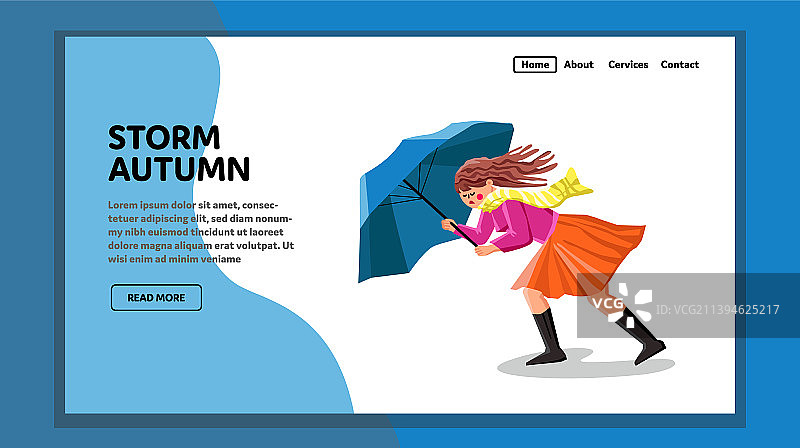 暴风雨秋季天气中行走的一位年轻女孩图片素材