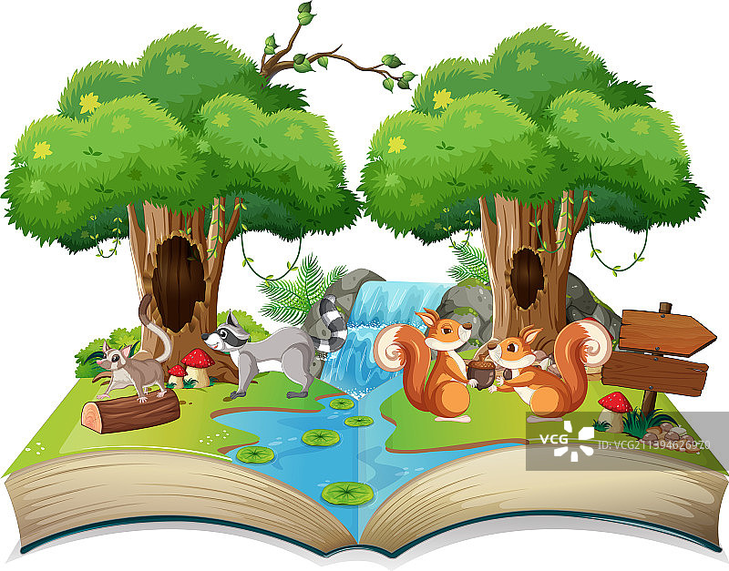 有可爱动物的已打开奇幻书本图片素材