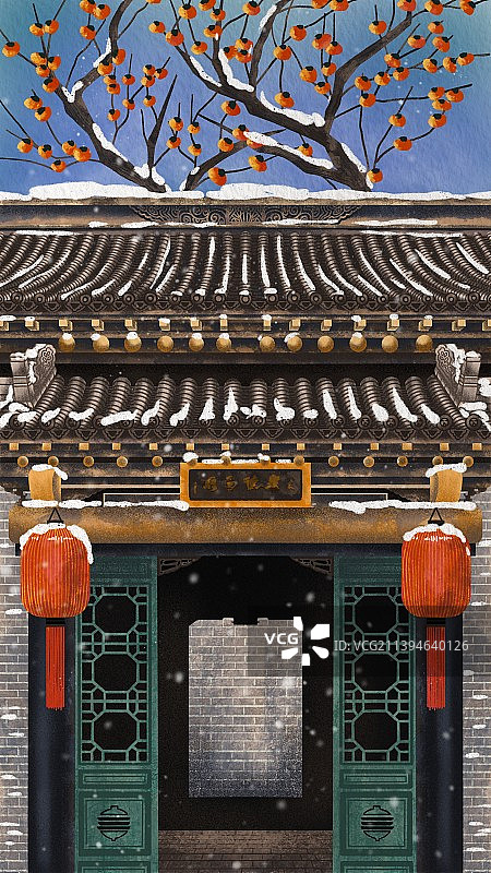 柿子树下的建筑门楼图片素材