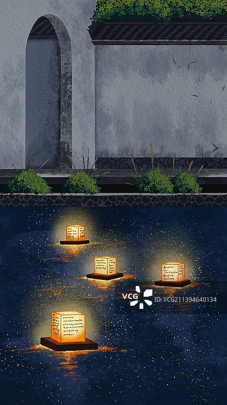 建筑前湖水里亮着的花灯图片素材