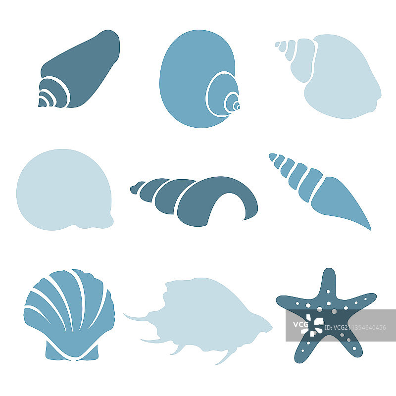 各色蓝色贝壳和海星组合图片素材