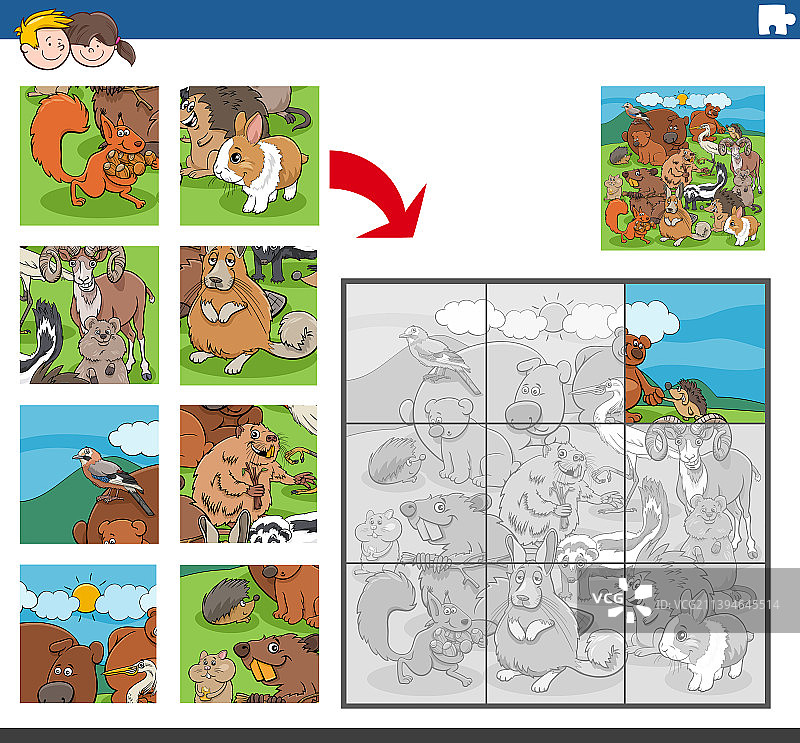 卡通动物角色拼图任务图片素材