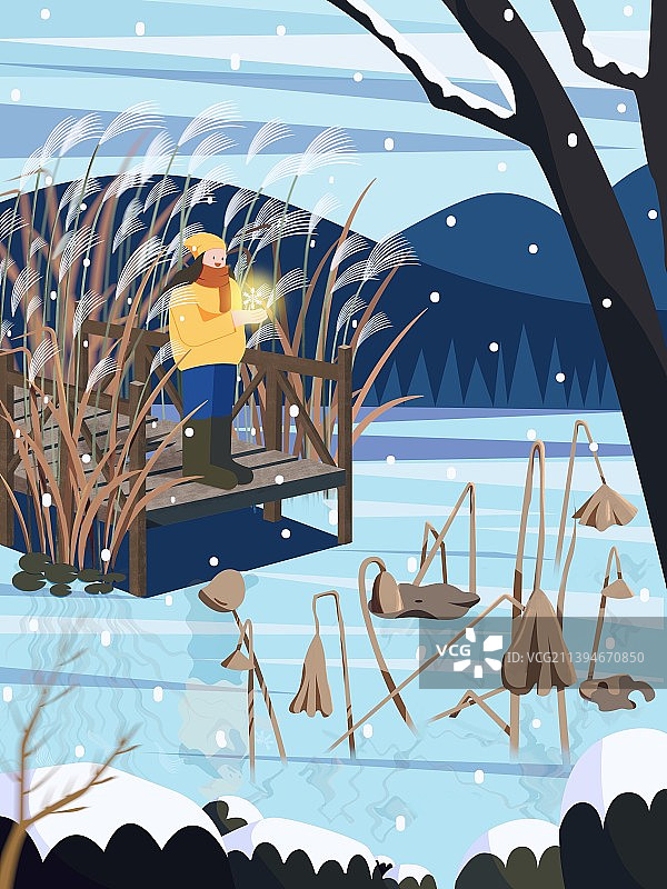 女孩在冬天小雪时节的河边芦苇丛中看雪图片素材