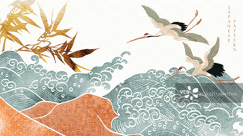 蓝色水彩波浪日式背景图片素材