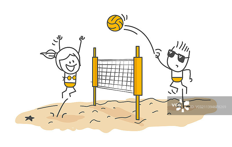 简笔画男孩和女孩在海滩玩耍图片素材