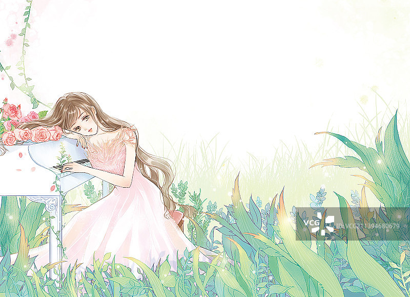 唯美清新手绘钢琴少女植物草丛藤曼图片素材