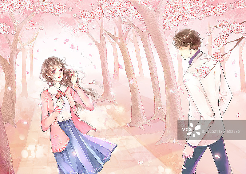 樱花树下情侣相遇图片素材