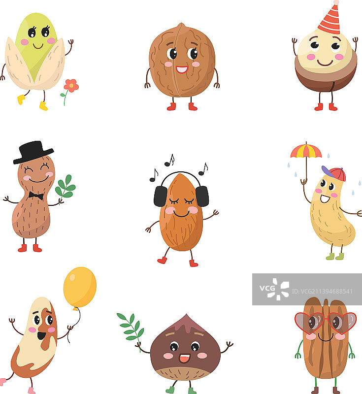 白色背景上的可爱卡通坚果合集图片素材