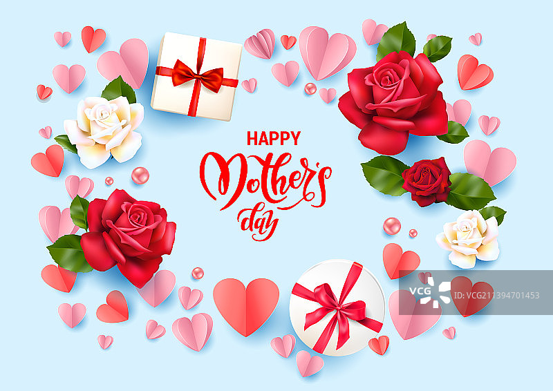 带心形和玫瑰的节日蓝色背景图片素材