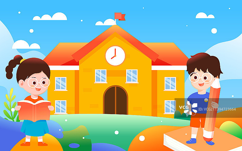 开学季学生开心上学儿童结伴去学校教育插画图片素材