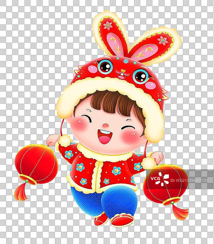新年中秋戴兔儿帽提灯笼的福娃元素图片素材