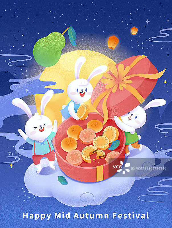 可爱玉兔开箱月饼礼盒 满月背景插图图片素材