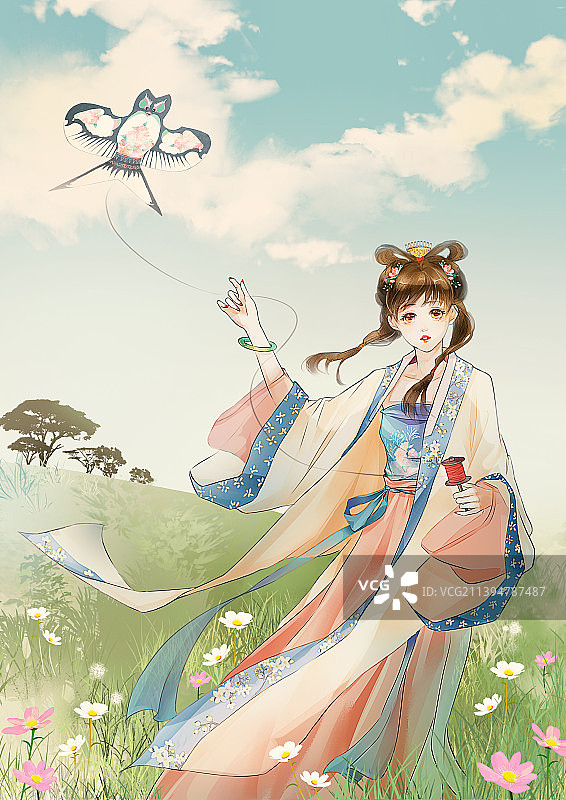 古风国风汉服放风筝的少女图片素材