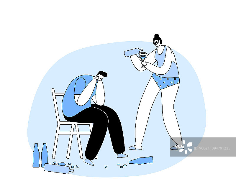 上瘾概念：醉酒邋遢的男人和女人图片素材