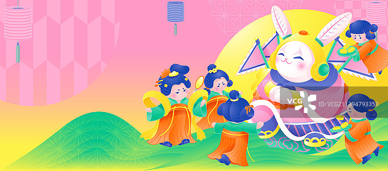 中秋兔儿爷与仕女创意banner图片素材