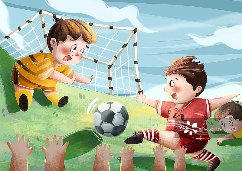 孩子们在草地上踢足球图片素材