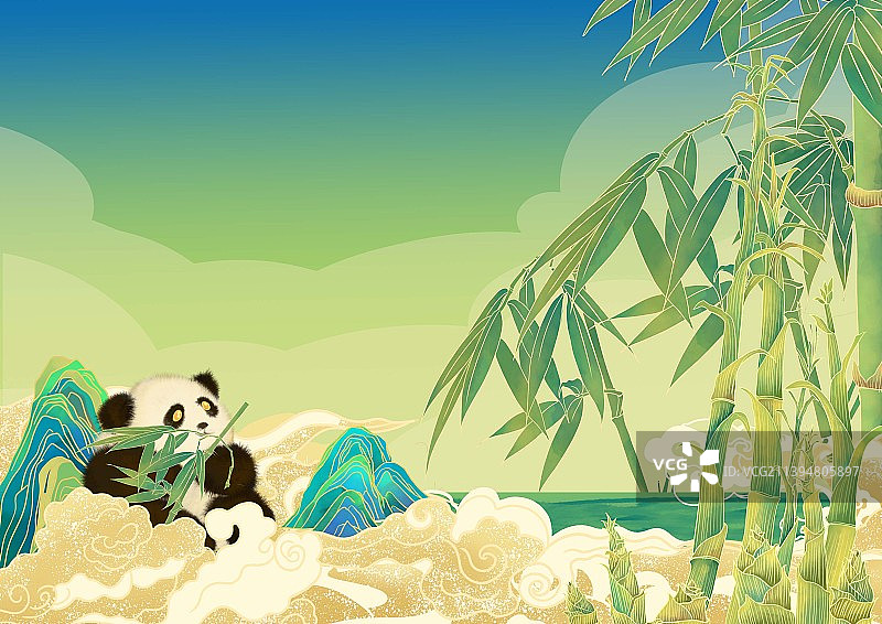 四川成都大熊猫背景国风插画图片素材