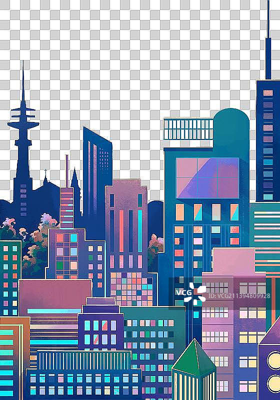 夜晚城市楼房建筑群扁平风图片素材