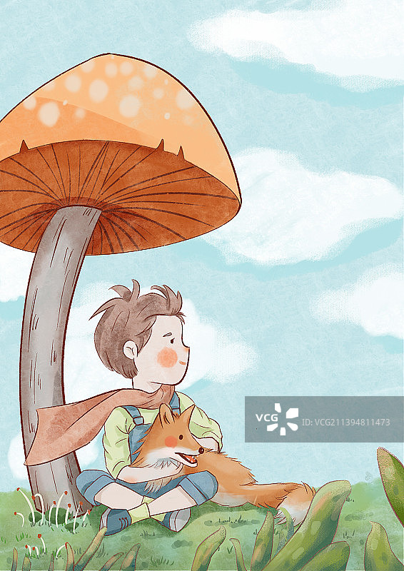 等风来坐在草地上的小男孩小王子抱着小狐狸坐在蘑菇树下温暖儿童插画图片素材