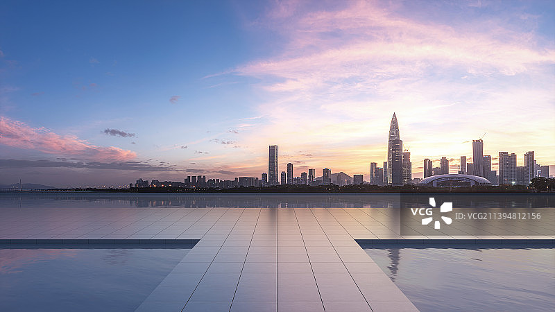 城市天际线夜景与水面平台图片素材