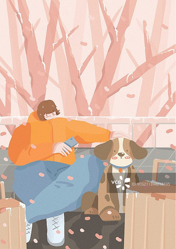 在漫天雪花中女孩和小狗依偎着图片素材