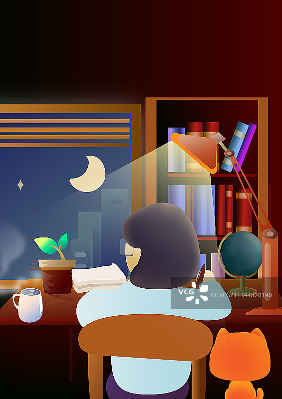 教师节老师深夜批改作业的矢量插画图片素材