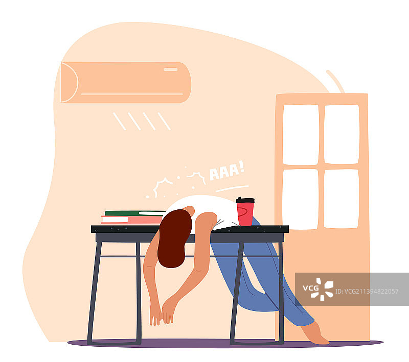 躺在工作台上的空调气流下的男子图片素材