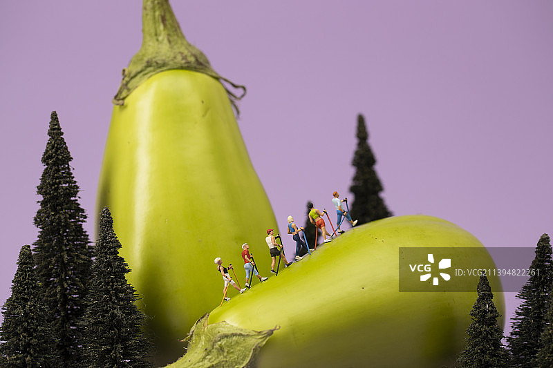 紫色背景茄子和模型小人图片素材