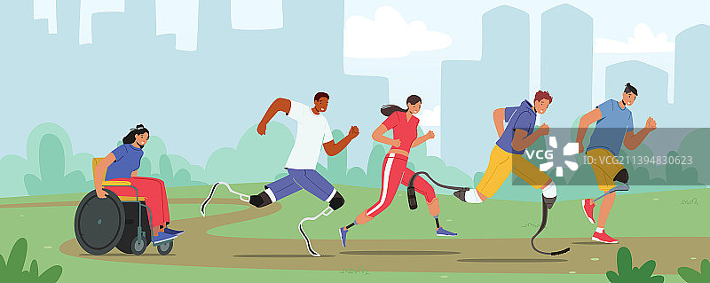 在户外跑步的年轻截肢男女图片素材