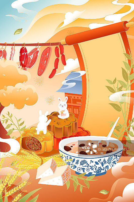 卡通中秋节传统节日习俗月饼新年兔年腊肉腊八节腊八粥秋冬时令美食餐饮送礼自然风景渐变中国风国潮矢量插画图片素材
