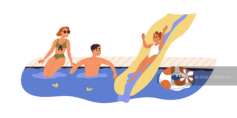 在水上乐园里快乐玩耍的家庭儿童图片素材