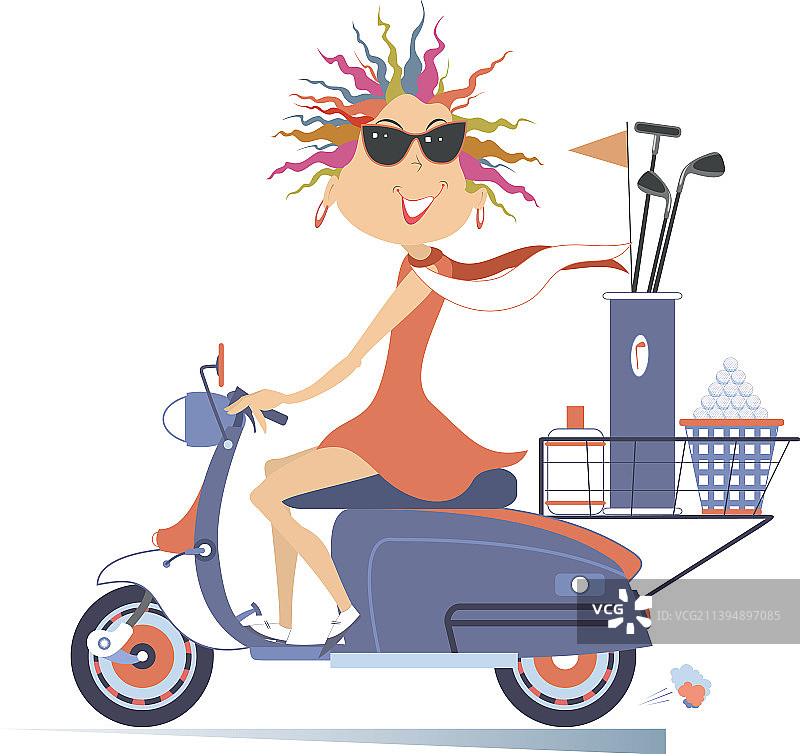 年轻的高尔夫球手女子骑滑板车图片素材