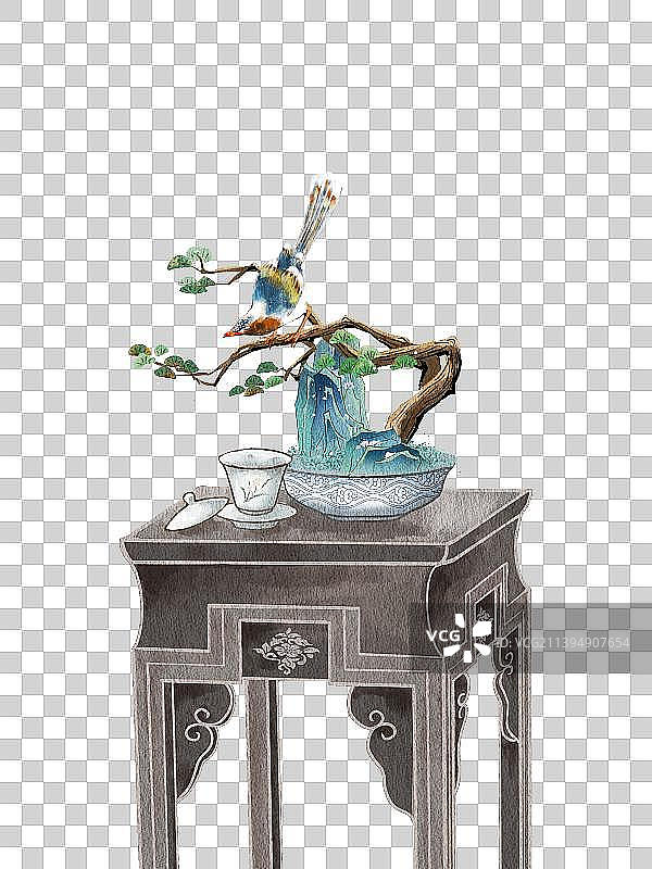 中国传统古典风格的茶几家具与盆景图片素材