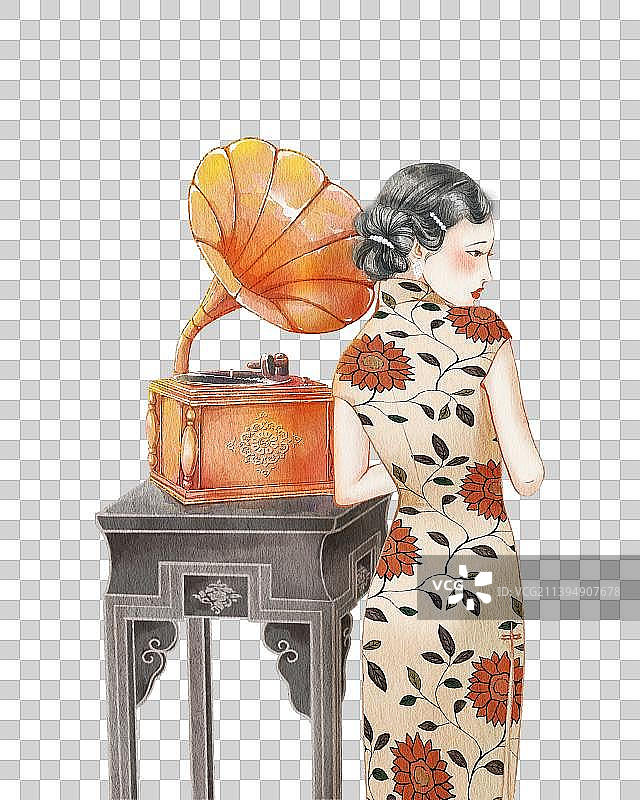 听着留声机动听古典音乐的旗袍女子图片素材