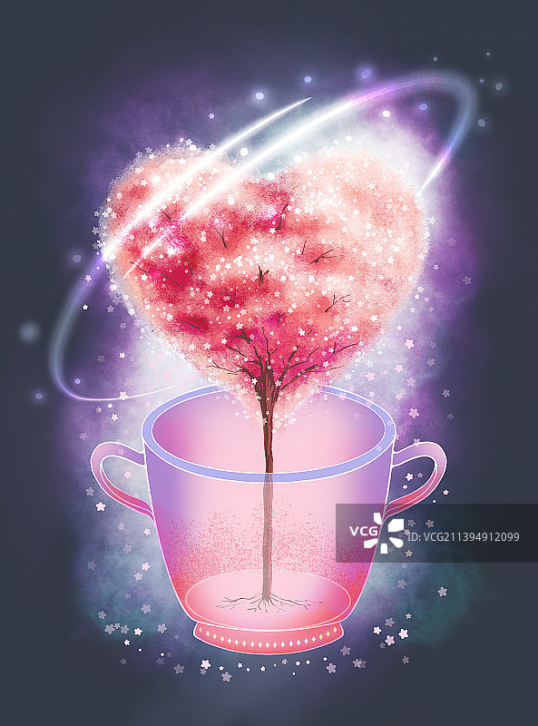 杯子里的心型粉色樱花树图片素材