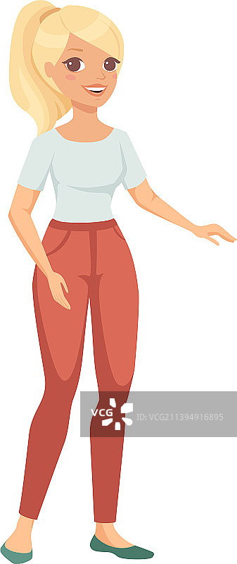 穿红色裤子的金发马尾女人图片素材