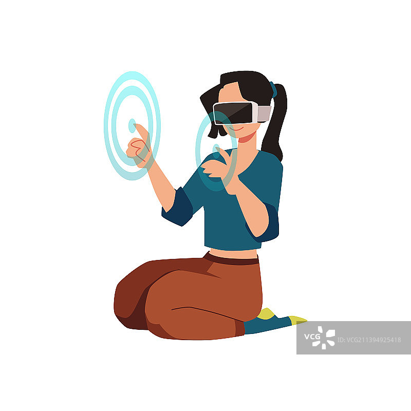 戴着VR眼镜并用手指指向前方的女人图片素材