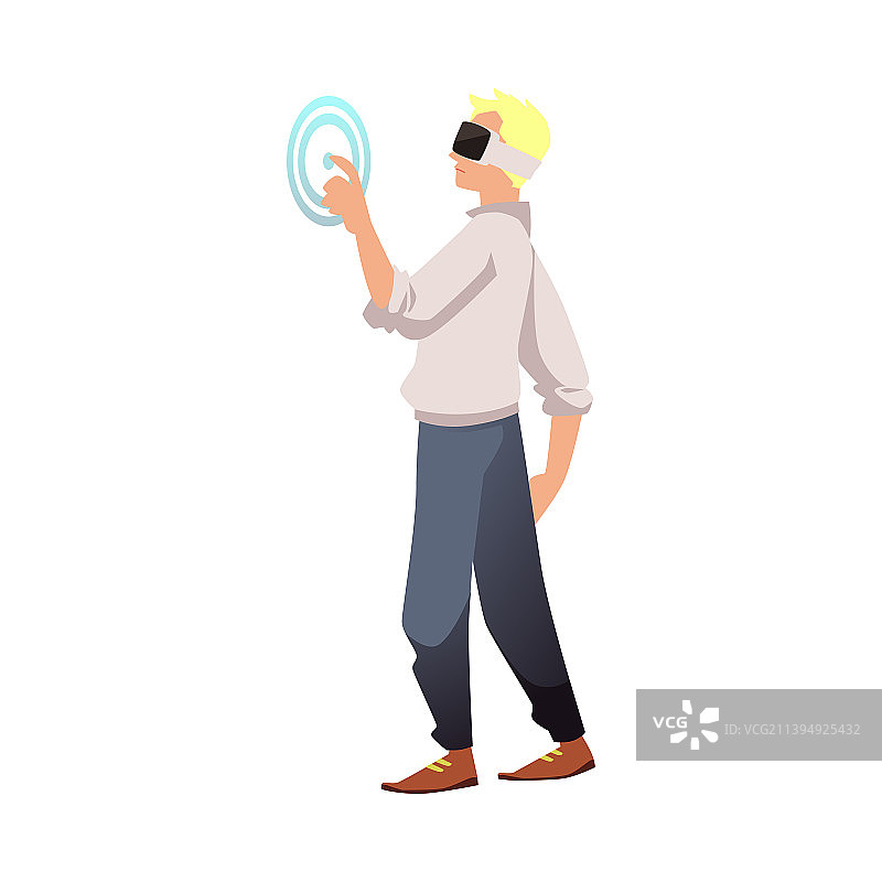 男人戴VR眼镜探索虚拟现实（扁平风格）图片素材