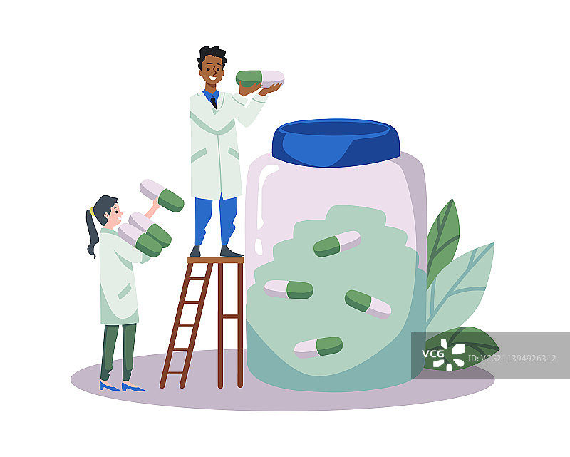 穿着医疗服的人物放入巨大药丸图片素材