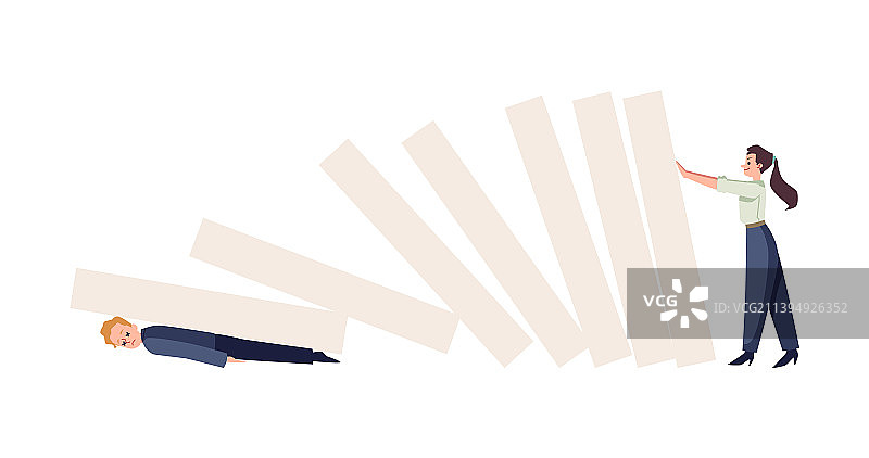 办公室职场女性推倒多米诺骨牌（扁平风格）图片素材