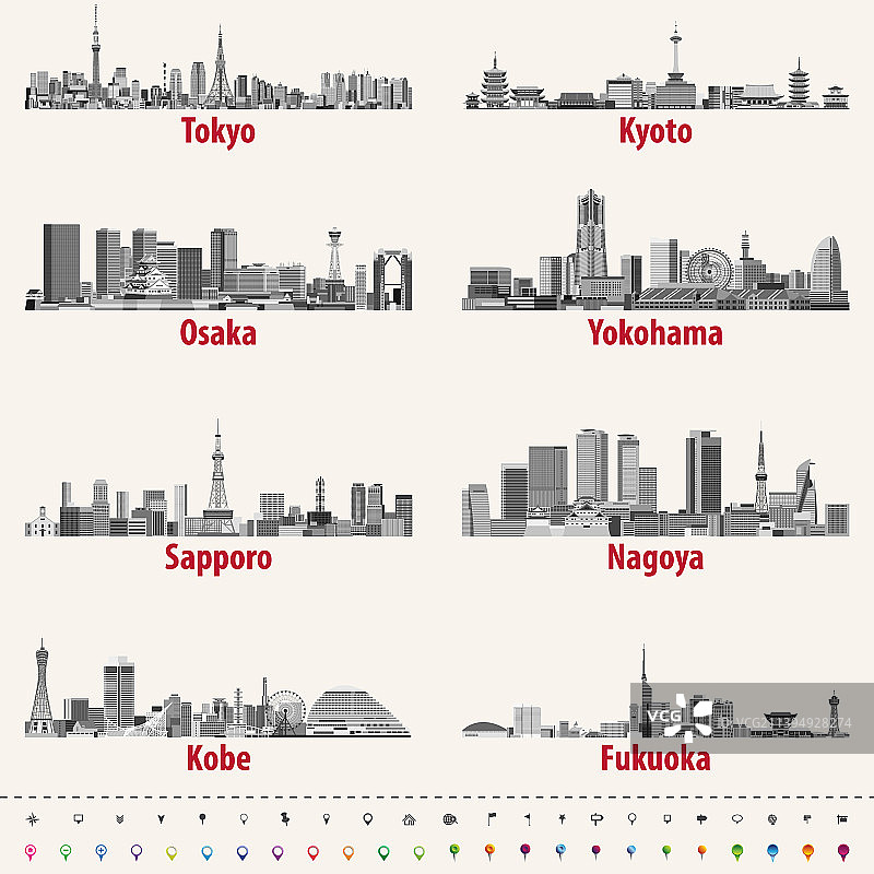 日本城市天际线、旗帜和地图图片素材